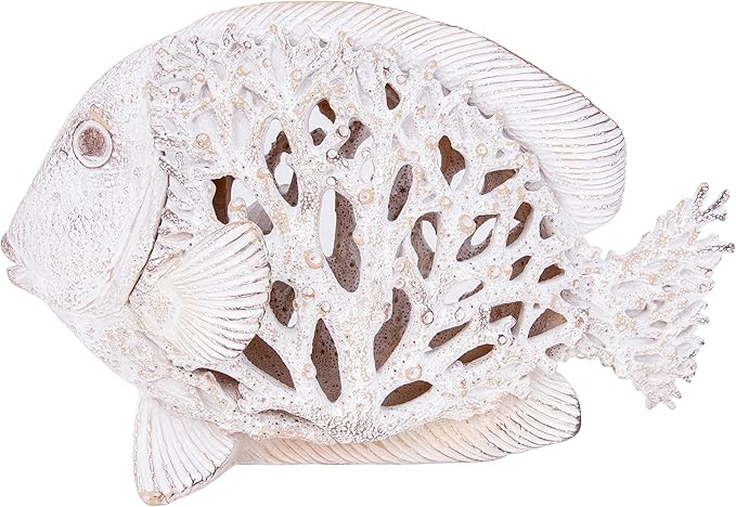 Coral Reef Fish Figurine Nautical Home Decor White Accent Centerpiece Coastal Tabletop Collection 12 1/2 Inch Sculpture