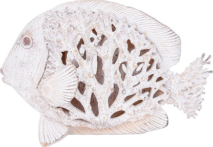 Coral Reef Fish Figurine Nautical Home Decor White Accent Centerpiece Coastal Tabletop Collection 12 1/2 Inch Sculpture