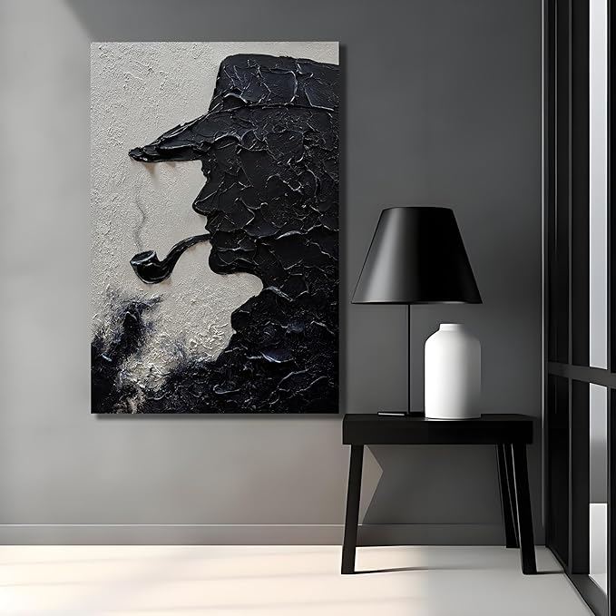 moshinart 24 x 36in Hand-Painted Oil Painting 3D Texture Black White Grey Modern Minimalist Black Abstract Wall Art, Home Office Wall Decoration Black White Grey Cowboy