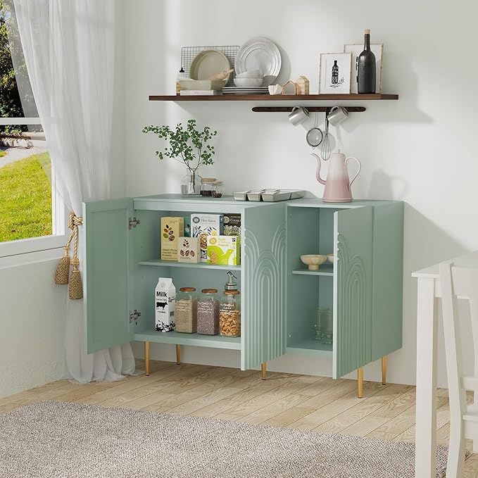 ARTPOWER 47" Sideboard Buffet Cabinet with 3 Doors - Accent Modern Cloud Relief Decorative Credenza with Storage for Living Room, Kitchen, Dining Room, Hallway, Entryway, Green