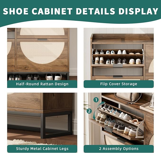 Shoe Storage Cabinet for Entryway Wooden Rattan Shoe Cabinet with 4 Flip Drawers Long Hidden Shoes Cabinet Storage with Metal Legs Narrow Shoe Rack Cabinet Shoes Organizer Cabinet for Hallway Oak