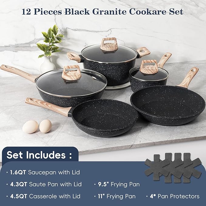 12 Pcs Pots and Pans Set Non Stick, Cookware Sets Black Granite Induction Cookware, Non-toxic Healthy Nonstick Kitchen Cooking Set with Frying Pans Set, Saucepans (PFAS/ PFOA/ PFOS Free)