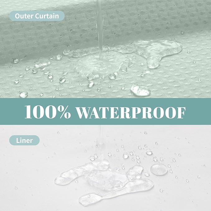 MintGreen No Hook Waffle Weave Shower Curtain with snap-in Liner Replacement, 230GSM Waterproof Fabric Hotel Shower Curtain Set for Bathroom, Through Mesh Top Window,71Wx74H