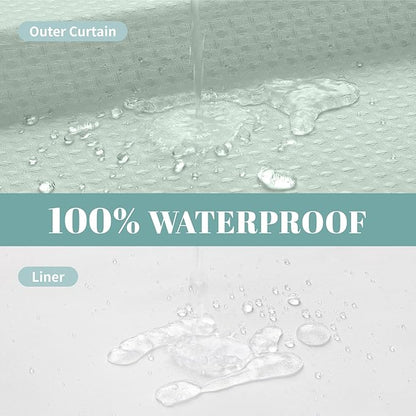 MintGreen No Hook Waffle Weave Shower Curtain with snap-in Liner Replacement, 230GSM Waterproof Fabric Hotel Shower Curtain Set for Bathroom, Through Mesh Top Window,71Wx74H