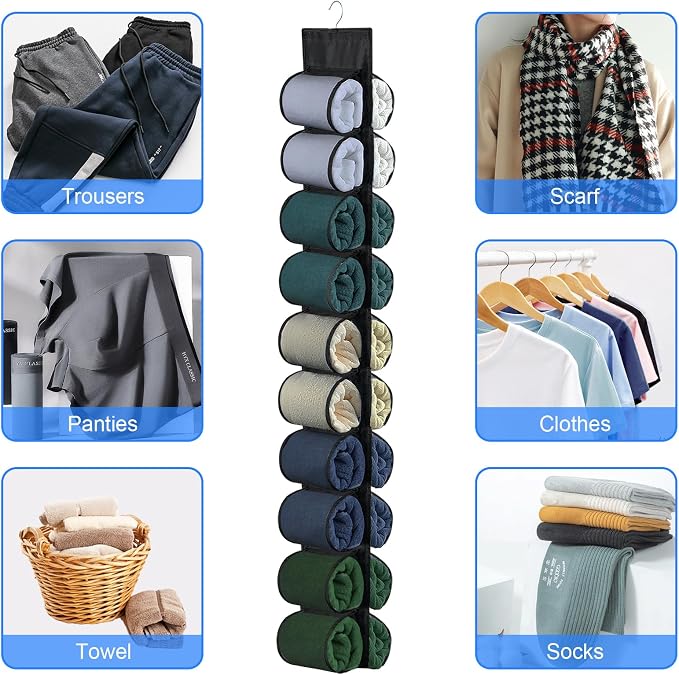 2-Pack Hanging Organizer for Closet - 20 Pocket Storage Leggings, Yoga for Pants & Accessories Multi-Pocket Closet Organizer for Apartments & Dorms, Space-Saving, Behind Door Design (Black)