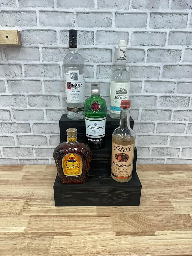 Handmade Tiered Display Shelving - Three Tier Bar Display - Bar Organizer - Liquor Bottle Display (12" with Back, Black)