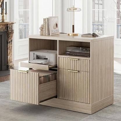 3 Drawer File Cabinet, Fluted Filing Cabinet for Home Office with Charging Station, Wooden Office Cabinet Fits for A4/Letter-Sized Files, Printer Stand with Storage Shelves, Light Oak