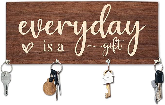 Everyday is A Gift Wooden Key Holder for Wall - 5"x10" Key Organizer Hanger with 4 Hooks for Home Front Door Hallway Entryway Kitchen - Home Office Decor & Housewarming Gifts Supplies - A04