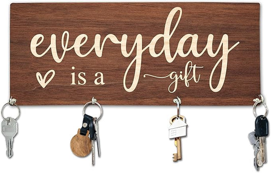 Everyday is A Gift Wooden Key Holder for Wall - 5"x10" Key Organizer Hanger with 4 Hooks for Home Front Door Hallway Entryway Kitchen - Home Office Decor & Housewarming Gifts Supplies - A04