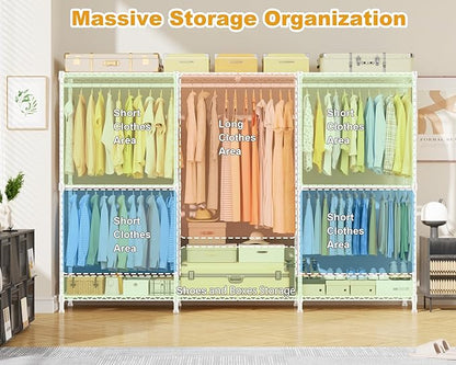 ULIFHOME E14C Max Heavy Duty Closet Organizer System，Freestanding Clothing Racks for Hanging Clothes，Adjustable Garment Rack 86" W × 16" D × 77" H Hold 1060 lbs，White Rack with White Cover