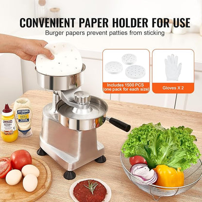VEVOR Commercial Burger Patty Maker, Hamburger Beef Patty Maker with 3 Convertible Mold(4/5/6-inch), Heavy Duty Stainless Steel Burger Press Machine, Meat Forming Processor with 1500 Pcs Patty Papers