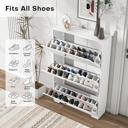 Nicetree Shoe Cabinet with 3 Flip Drawers, Narrow Shoe Organizer Cabinet, Freestanding Shoe Rack Cabinet, Modern Shoe Storage Cabinet for Entryway, Hallway, Foyer, White with Hook