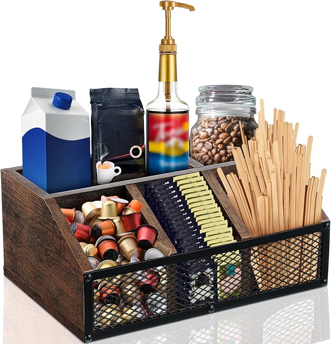 Yalikop Coffee Station Organizer for Countertop, All in One No Assembly Wood Coffee Creamer Bar Holder with Iron Mesh, Office Tea Bar Accessories Gift for New Home Birthday(Dark Brown,Classical)