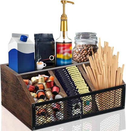 Yalikop Coffee Station Organizer for Countertop, All in One No Assembly Wood Coffee Creamer Bar Holder with Iron Mesh, Office Tea Bar Accessories Gift for New Home Birthday(Dark Brown,Classical)