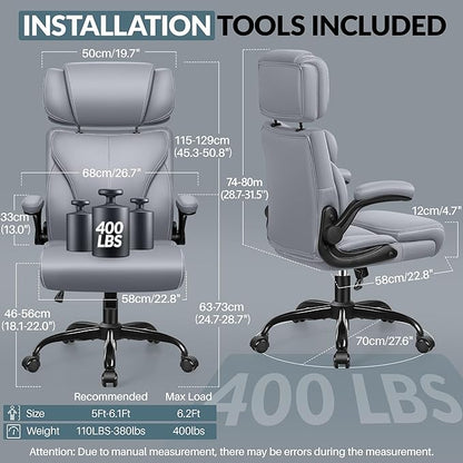 Office Chair, Ergonomic Big and Tall Computer Desk Chair with Retractable Adjustable Headrest, Executive Breathable Leather Chair, Lumbar Support Swivel PC Chair with Flip-up Armrests Rocking Function