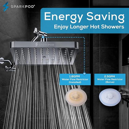 SparkPod Rain Shower Head, 8 Inch Square | High Pressure Shower Heads, 90 Nozzle (Touch-to-Clean), Adjustable Showerhead, No-tool Universal Connection
