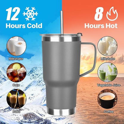 20 oz Tumbler with Handle, Stainless Steel Insulated Tumbler with Lid and Straw, Double Wall Vacuum Coffee Mug Tumbler, Insulated Coffee Thermal Cup for Cold and Hot (Grey, 20 Ounces)