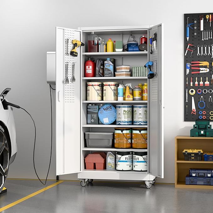 Garage Storage Cabinet with Wheels & Pegboard, 71" H x 34" W x 18" D Locking Metal Storage Cabinet with 2 Doors and 5 Adjustable Shelves for Garage, Home, White, Assembly Required