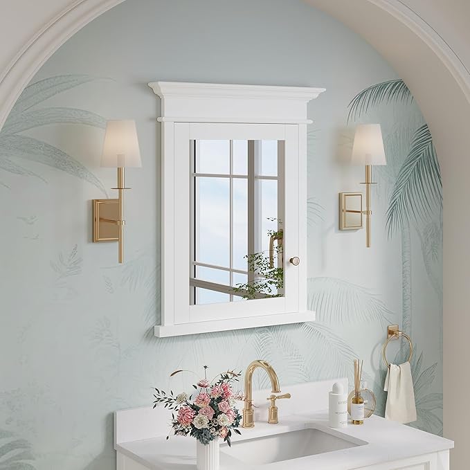WELLFOR 26"x 32" Bathroom Medicine Cabinet with 3-Tier Adjustable Glass Shelves, Recessed Solid Wood Medicine Cabinet with Mirrors and Soft-Close Door