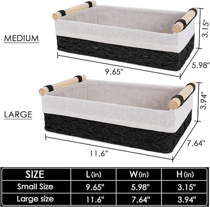 Wicker Storage Basket with Wooden Handle – Paper Rope Decorative Toilet Paper Baskets & Bathroom Organizer for Toilet Tank Top, Shelves, Bedroom, Countertop,Home,Office Storage Bins, 2 Pack,Black