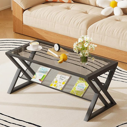 Wolawu Glass Coffee Table Living Room Table with Storage Shelf, Grey Glass Table Simple Modern Rectangular Tables with Sturdy Black Metal Frame,Industrial Glass Coffee Table for Bedroom Home Office