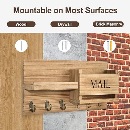 Mail Organizer for Wall Mount – Key Holder with Shelf Includes Letter Holder and Hooks for Hallway Farmhouse Decor – Rustic Wood with Flush Mounting Hardware (16.5” x 9.1” x 3.4”) (Wood)