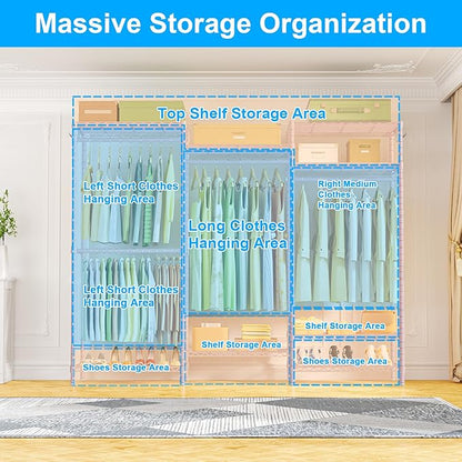 Ulif E13 Heavy Duty Clothes Rack（With 4 Hanger Rods & 8 Shelves） Freestanding Clothing Racks for Hanging Clothes，Adjustable Closet Organizer，Metal Garment Rack 63" W x16 D x77 H，Max Load 900LBS，Pink