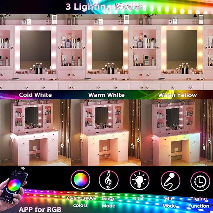 Vanity Desk with Mirror and Lights, Pink Vanity with Lighted Mirror & Power Outlet and 7 Drawers, 3 Color Modes Adjustable, Makeup Dressing Table Set with Lights for Girls Women