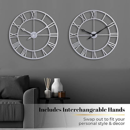 CLXEAST Large Modern 30 Inch Wall Clock Silver, Oversized Big Roman Numeral Metal Wall Clocks for Living Room Decor, Home Office