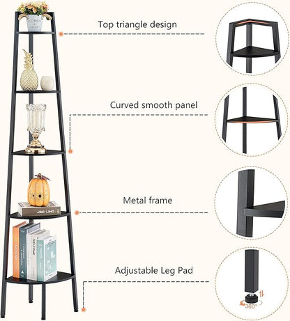 Hoctieon Corner Shelf, 5-Tier Corner Bookshelf, Rustic Ladder Shelf, Industrial Display Stand for Living Room, Kitchen, Home Office, Balcony, Small Space, Metal Frame, Black