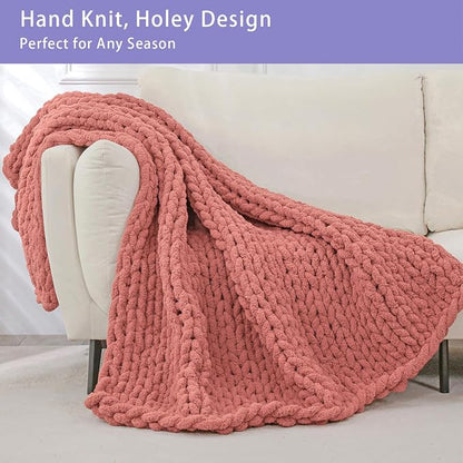 Bigacogo Chunky Knit Throw Blanket for Couch, 40x80 inches, 100% Hand Knitted with Thick Jumbo Chenille Yarn, Cozy Soft Large Rope Knot Cable Crochet Blankets for Sofa Bed Living Room, Antique Red