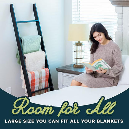 Blanket Ladder for The Living Room and Bedroom, 5ft 8 inch, 6-Tier Wall Leaning Laminate Snag Free Material (Black) Rustic Decorative Farmhouse Blanket Holder Rack, Quilt Rack Shelf, Easy Assembly