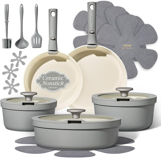 Carote 20pcs Ceramic Cookware Set with Detachable Handles, Pots and Pans Set Non Stick, RV Kitchen Cooking Pot and Pan, Dishwasher Safe, Non-toxic Induction Cookware PFAS and PFOA Free, Grey