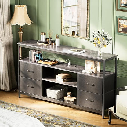 Huuger TV Stand Dresser with Power Outlets and LED Lights, 4 Drawers Entertainment Center with Shelves, 54in Media Console for 55 60 Inch TV, Dresser with PU Finish, Grey and Black