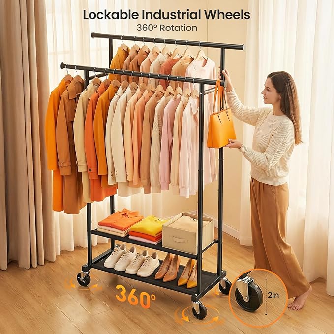 Double Rods Clothes Rack, Rolling Clothing Rack for Hanging Clothes Closet Rack with Wheels, Metal Portable Garment Rack with Double Shelves for Bedroom Laundry Living Room, Black