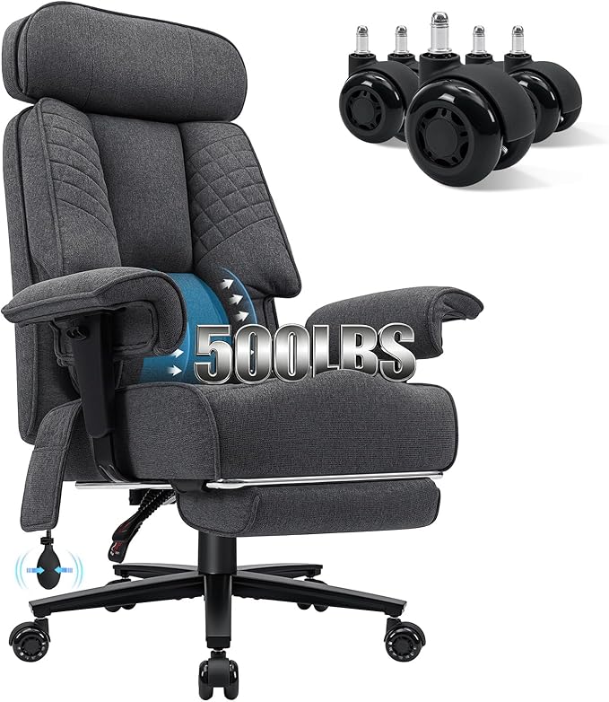 HOFFREE Big and Tall Office Chair 500lbs for Heavy People Executive Office Desk Chair with Wide Seat High Back Computer Chair with Adjustable Lumbar Support Grey Fabric