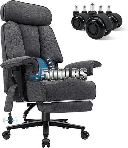 HOFFREE Big and Tall Office Chair 500lbs for Heavy People Executive Office Desk Chair with Wide Seat High Back Computer Chair with Adjustable Lumbar Support Grey Fabric