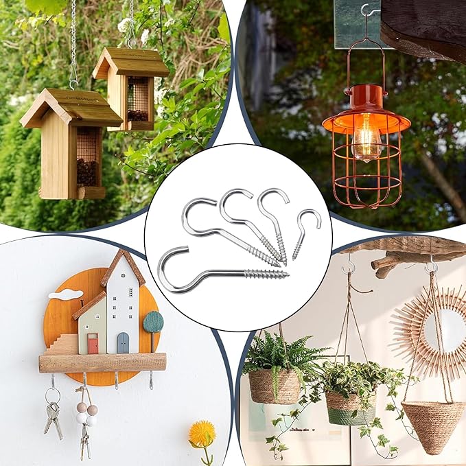 125 Pcs Ceiling Hooks for Hanging Plants - 5 Sizes Metal Screw Hooks Heavy Duty,DIY Hanging Hooks Decors for Christmas String Lights Cup Wind Chime,Bird Feeders Indoor&Outdoor (Silvery, 125PCS)