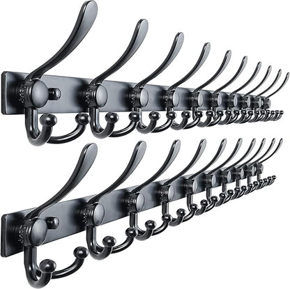 Dseap MaxStrong 2.0 Coat Rack Wall - 37” Long 10 Tri Hooks - Ultra Heavy-Duty Stainless Steel Wall Mount Coat Hanger, Hook Rail for Clothes Hats Jacket Towels Black, Pack of 2
