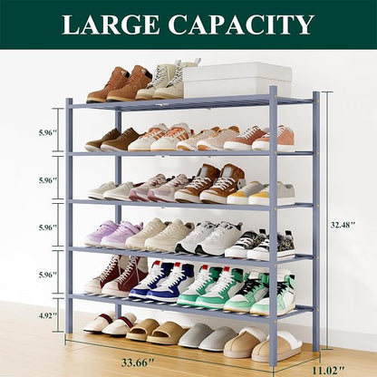 Smiry Long Bamboo Shoe Rack, 5 Tier Free Standing Wooden Shoe Organizer, Stackable Wood Shoe Storage Shelf for Closet, Entryway, 12 Vertical Slats, 2+2+1 Stack Standard Legs, 33.7"x11"x32.5", Grey