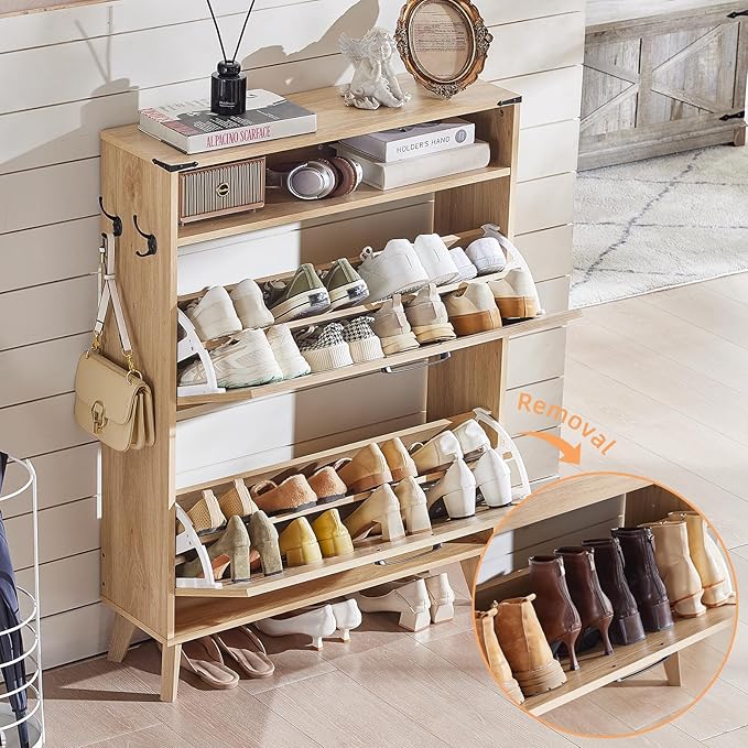 Shoe Storage Cabinet with 2 Flip Drawers, Boho Shoes Organizer for Entryway, Narrow Hidden Shoe Rack with Wood Legs & Open Storage, Free Standing Shoe Closet for Foyer, Hallway, Natural Oak