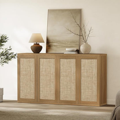 SICOTAS Rattan Buffet Sideboard Cabinet - Large Boho Coffee Bar Cabinet with Storage & Adjustable Shelves, Farmhouse Console Table Credenza Stand for Living Room, Dining Room, Entryway, Oak