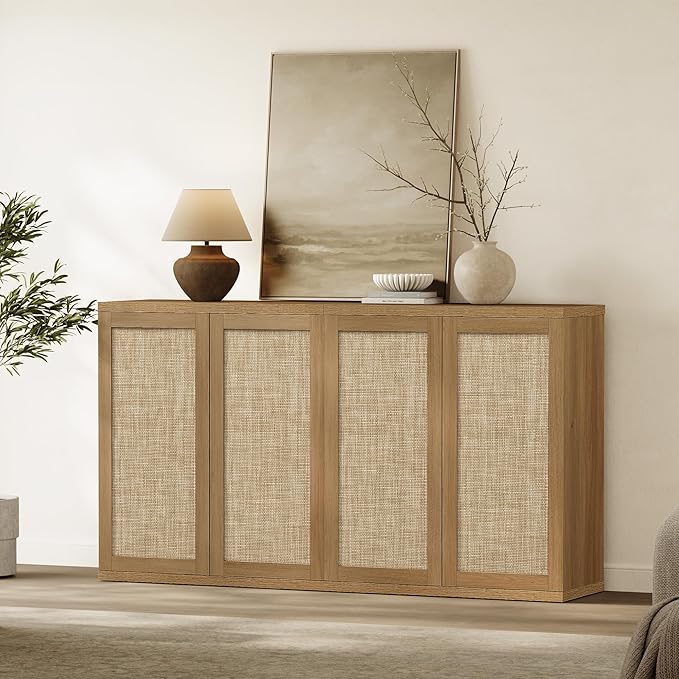SICOTAS Rattan Sideboard Buffet Console Cabinet - 2 Pieces Boho Coffee Bar Cabinet with Storage & Adjustable Shelves, Farmhouse Credenza Stand for Living Room, Hallway, Kitchen, Oak