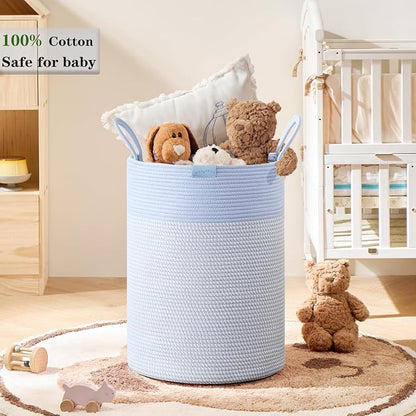 80L Extra Large Blue Laundry Hamper Basket, Tall Woven Hamper for Bedroom, Cotton Rope Laundry Basket for Clothes, 16x22 Inches