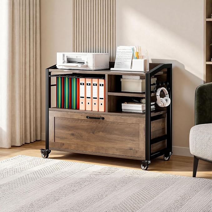 LVB Wood Lateral File Cabinet with Drawers, Rolling Filing Cabinet Under Desk for Home Office, Printer Stand with Storage Shelf,Hanging File Organizer for Legal/Letter Size, Rustic Oak, 33Inch