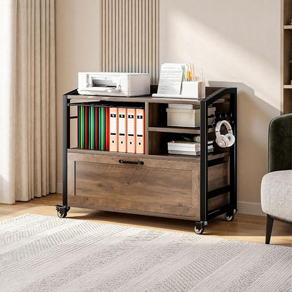 LVB Wood Lateral File Cabinet with Drawers, Rolling Filing Cabinet Under Desk for Home Office, Printer Stand with Storage Shelf,Hanging File Organizer for Legal/Letter Size, Rustic Oak, 33Inch