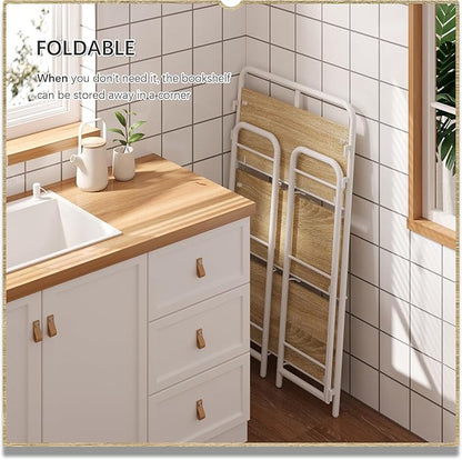 4NM No Assembly Folding Bookshelf, 3 Tiers Collapsible Book Shelves Open Industrial Foldable Storage Bookcase Shelf for Bedroom, Living Room, Home Office - Natural and White