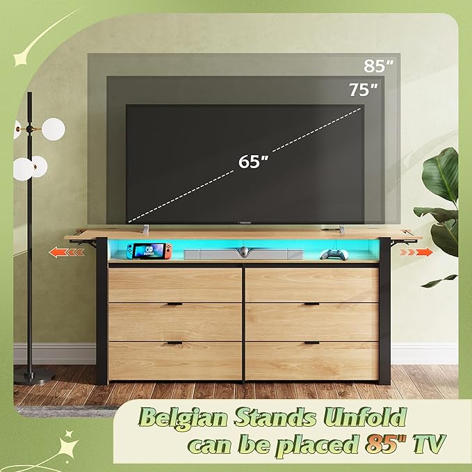 WLIVE 78 Inch LED Dresser for Bedroom, Wood Dresser with Charging Station, Large Chest of Drawers Expandable with Flexible Shelves and Hanging Rack, for Closet, Living Room (85" TV), Light Oak