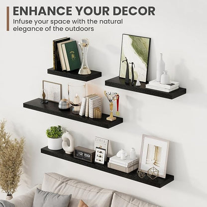 Acovy 30 Inch Floating Shelves, 8 Inch Deep Floating Shelves for Wall, Hanging Shelf with Invisible Brackets, Deep Shelves for Bathroom, Bedroom, Living Room, Black, Set of 2