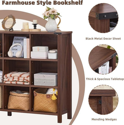12 Cube Storage Organizer, Farmhouse 62 Inch Wide Brown Walnut Display Bookshelf, Wooden 3 Tier Large Open Book Shelf, Vintage Bookcase for Home Office, Cubby Cabinet for Living Room, Office